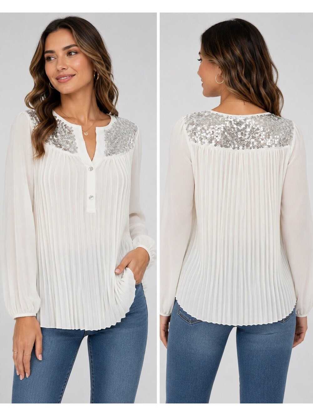 Vera Wang Women’s Ivory Pleated Blouse Silver Sequin Yoke Long Sleeve Dressy Top